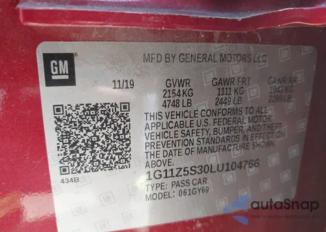 2020 Chevrolet Impala Fwd Lt из США, поврежденный, VIN 1G11Z5S30LU104766